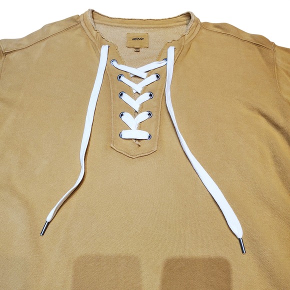 Aerie Lace-Up Oversized Crew Sweatshirt Mustard Yellow XS Distressed Hem - Picture 3 of 10